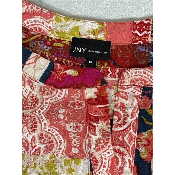 Jones New York Top Womens 1X Mix Floral Boho Patchwork Artsy Split Neck Blouse - Picture 3 of 9
